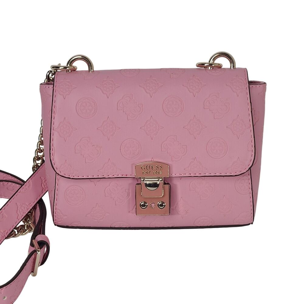 Guess Mini Carlson Embossed Crossbody Purse Pink Gold Chain Strap